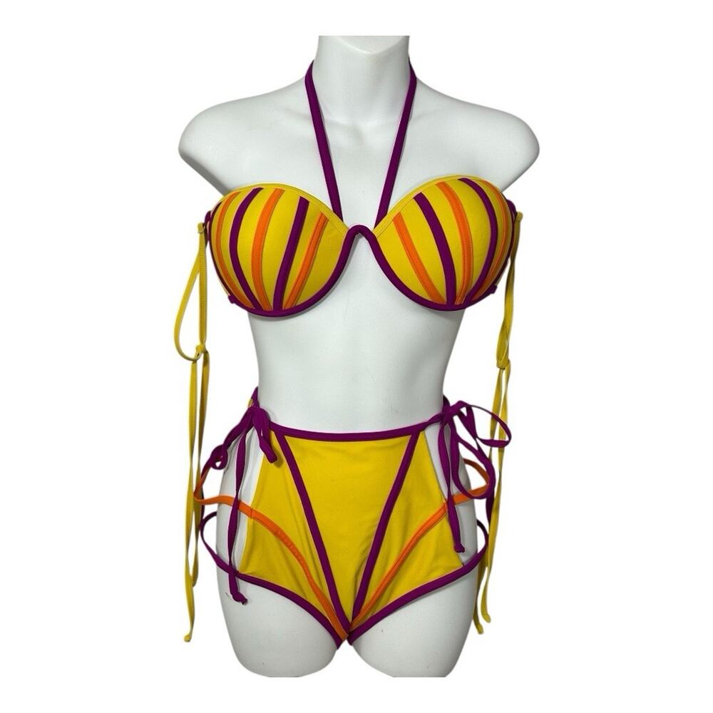 Andrea Iyamah Bikini Womens Yellow High Rise Sz XL Swimsuit Cut Out Resort Vacay - Picture 1 of 13